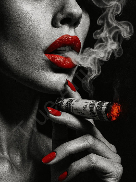 Burning Rich – Red Lips Smoking Dollar Cigar Wall Art
