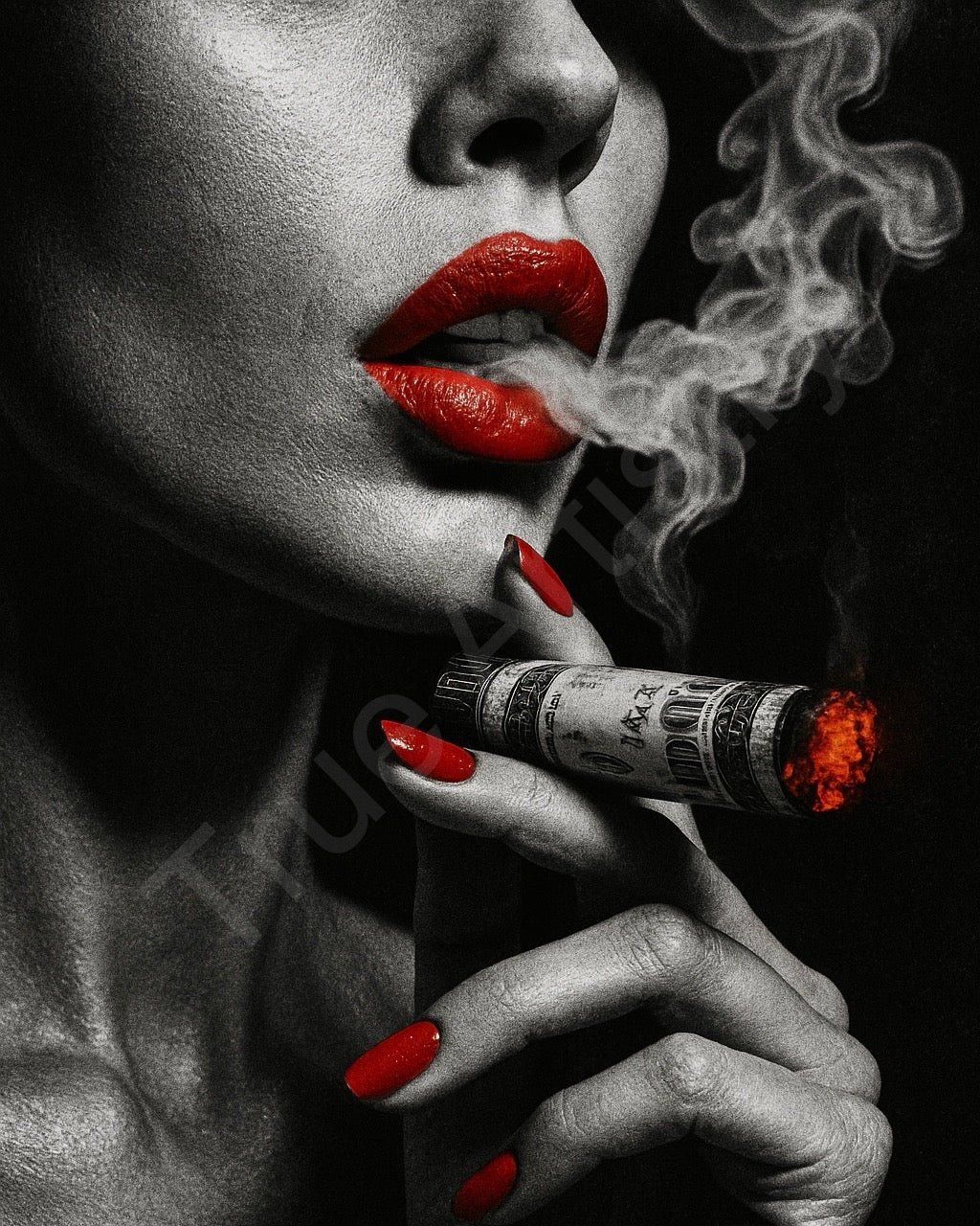 Burning Rich – Red Lips Smoking Dollar Cigar Wall Art